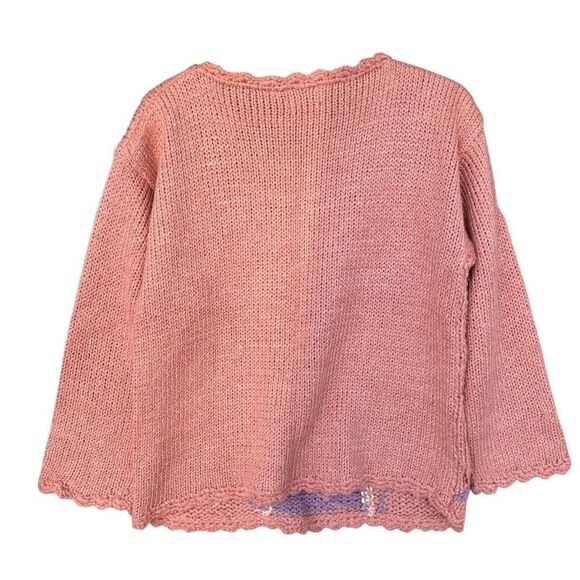 Vintage 3D Flower Knit Sweater Women Size Small Pink Purple Hem Cuff Trim Cottag - Picture 5 of 7